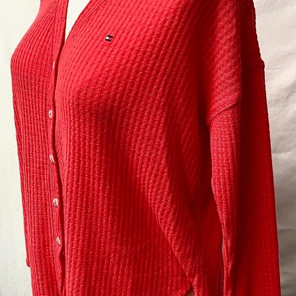 Size XS- NWT -Tommy Hilfiger Waffle Cil Red Knit Lightweight Tie Front Cardigan - Picture 4 of 12